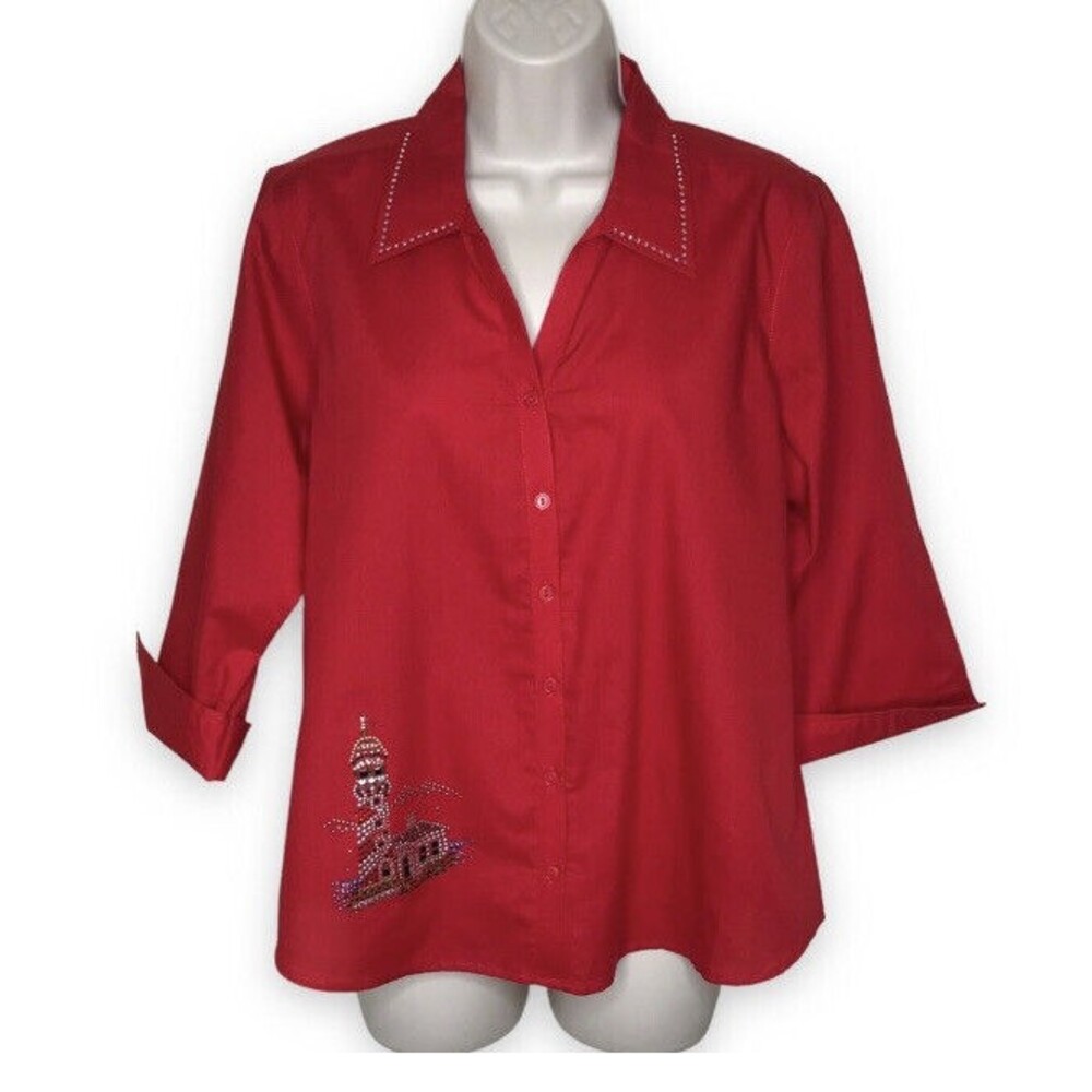NWT Las Olas Crisp Red Lighthouse Rhinestone Collar 3/4 Sleeve Blouse Small